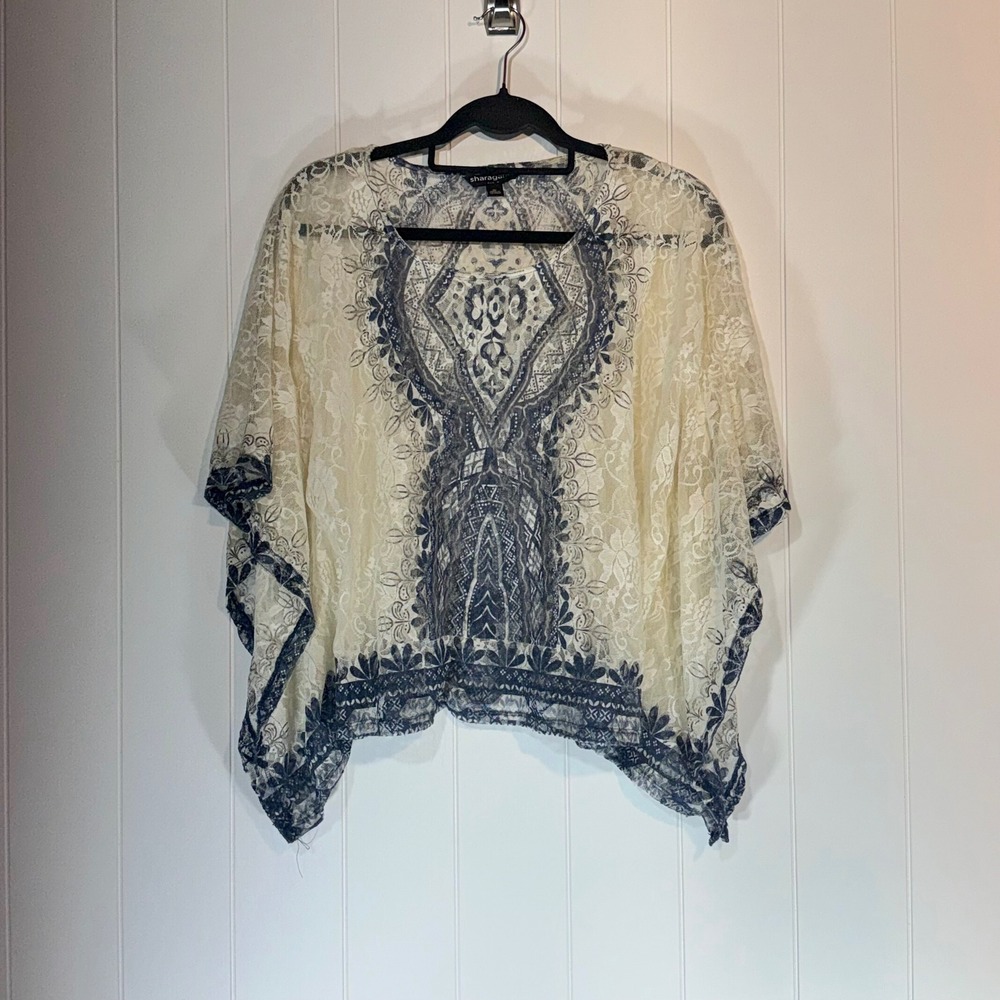 Sharagano Womens XL Blue Cream Lace Medallion Poncho Top Sheer Kimono Blouse